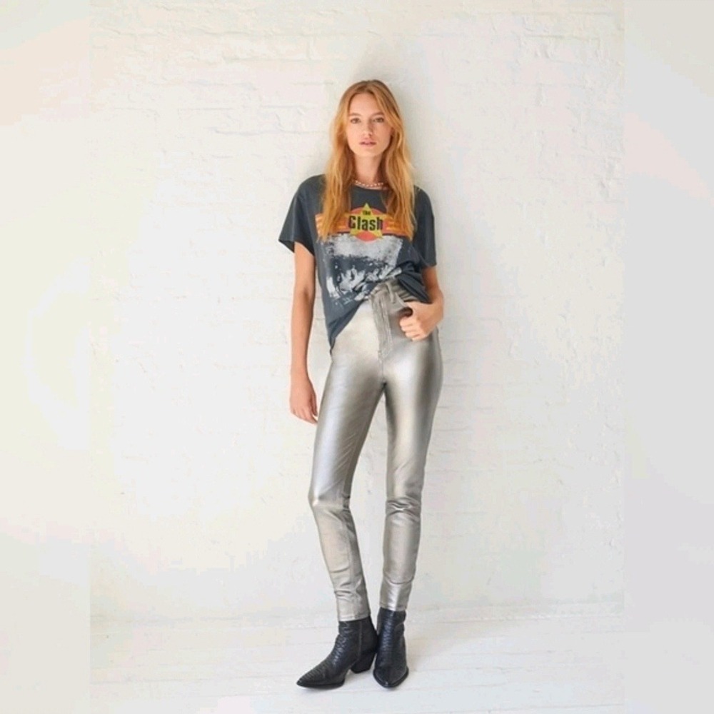 Free People Phoenix Skinny Jeans‎ Women 26 Silver Metallic Coated High Rise New